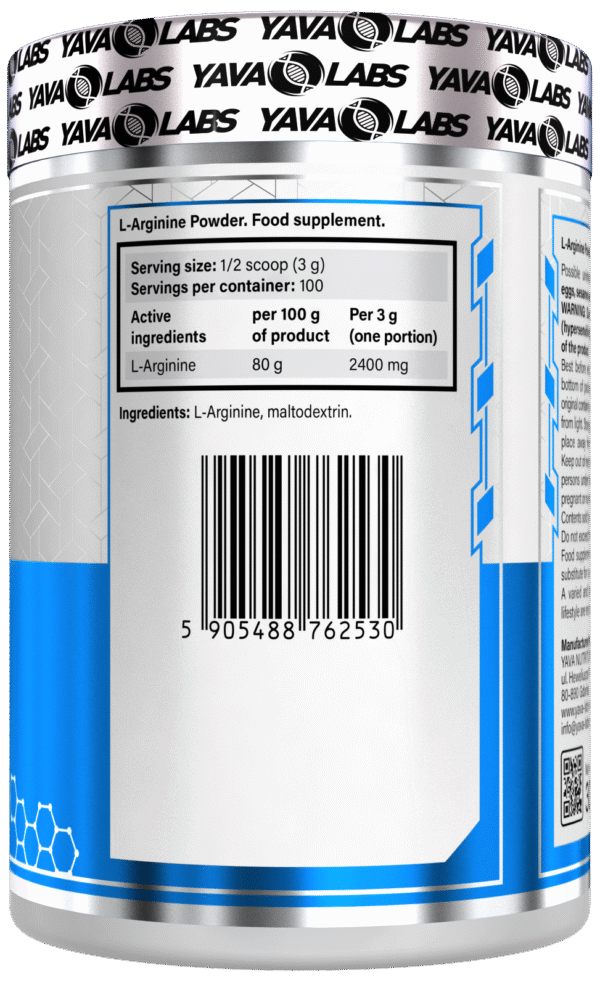 Przedtreningówka Arginina L-Arginine proszek aminokwasy siła bezsmakowa Yava Labs 300g - obrazek 2